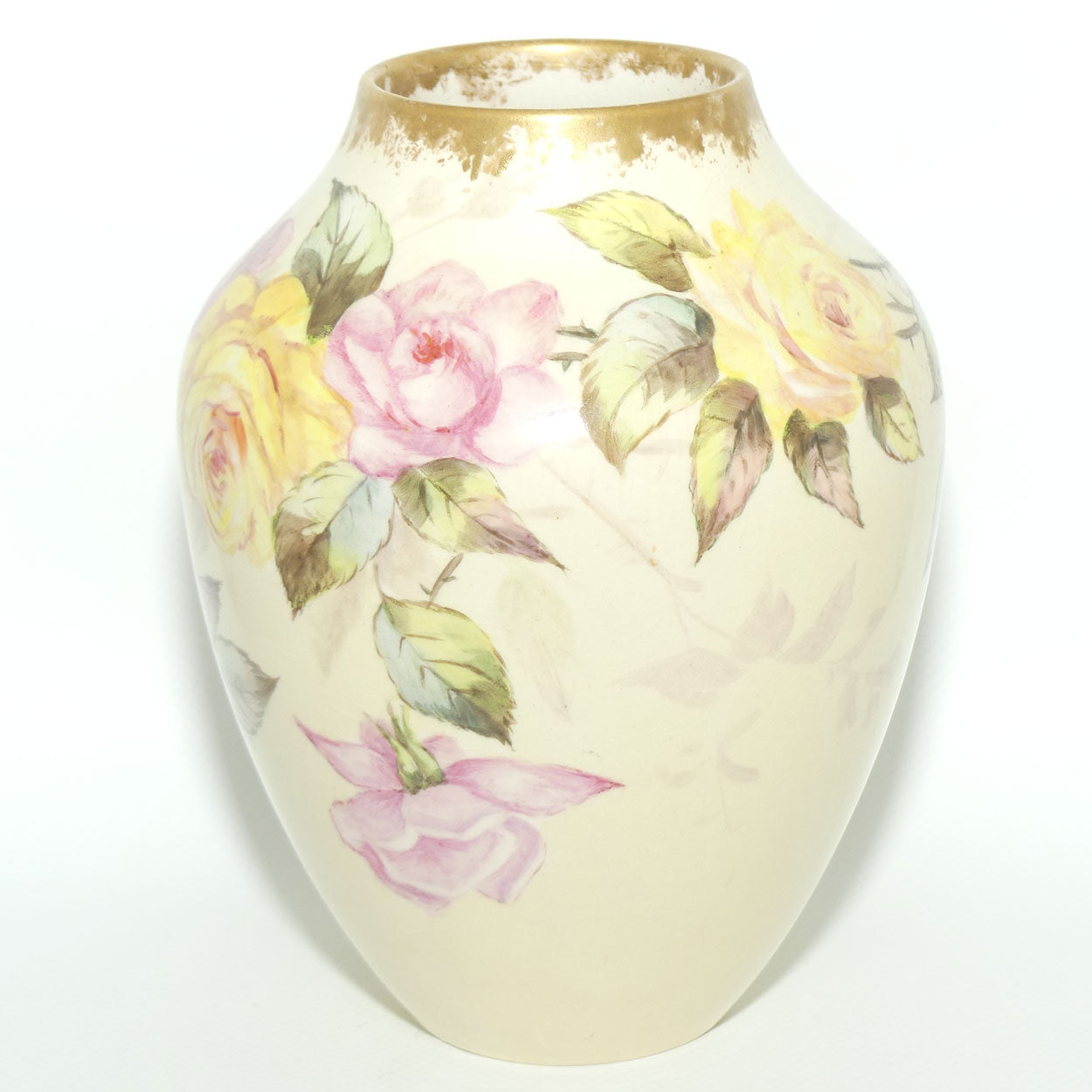 Early Australian China Painted Yellow and Pink Roses and Butterfly vase | Ethel L Thomas 1906