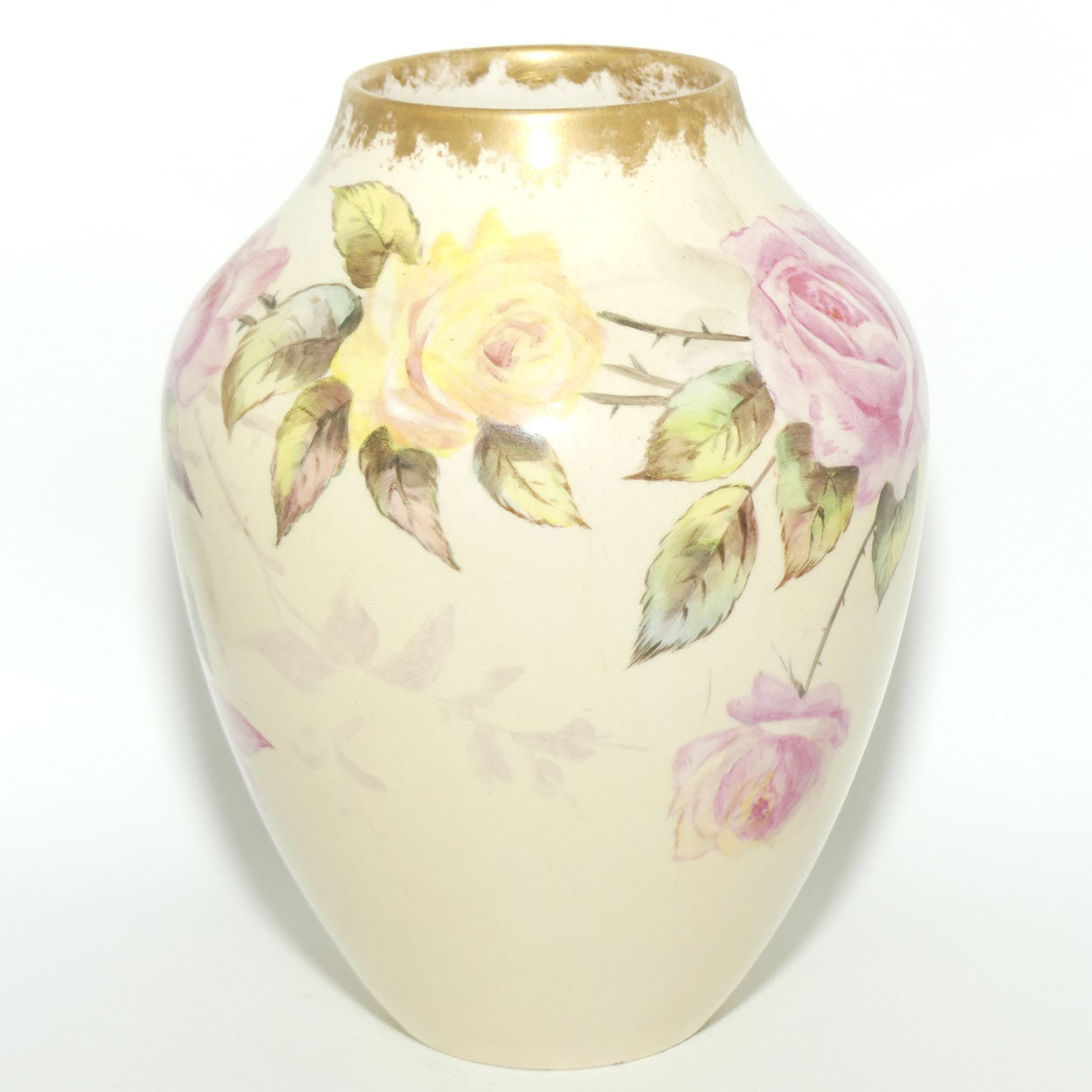 Early Australian China Painted Yellow and Pink Roses and Butterfly vase | Ethel L Thomas 1906