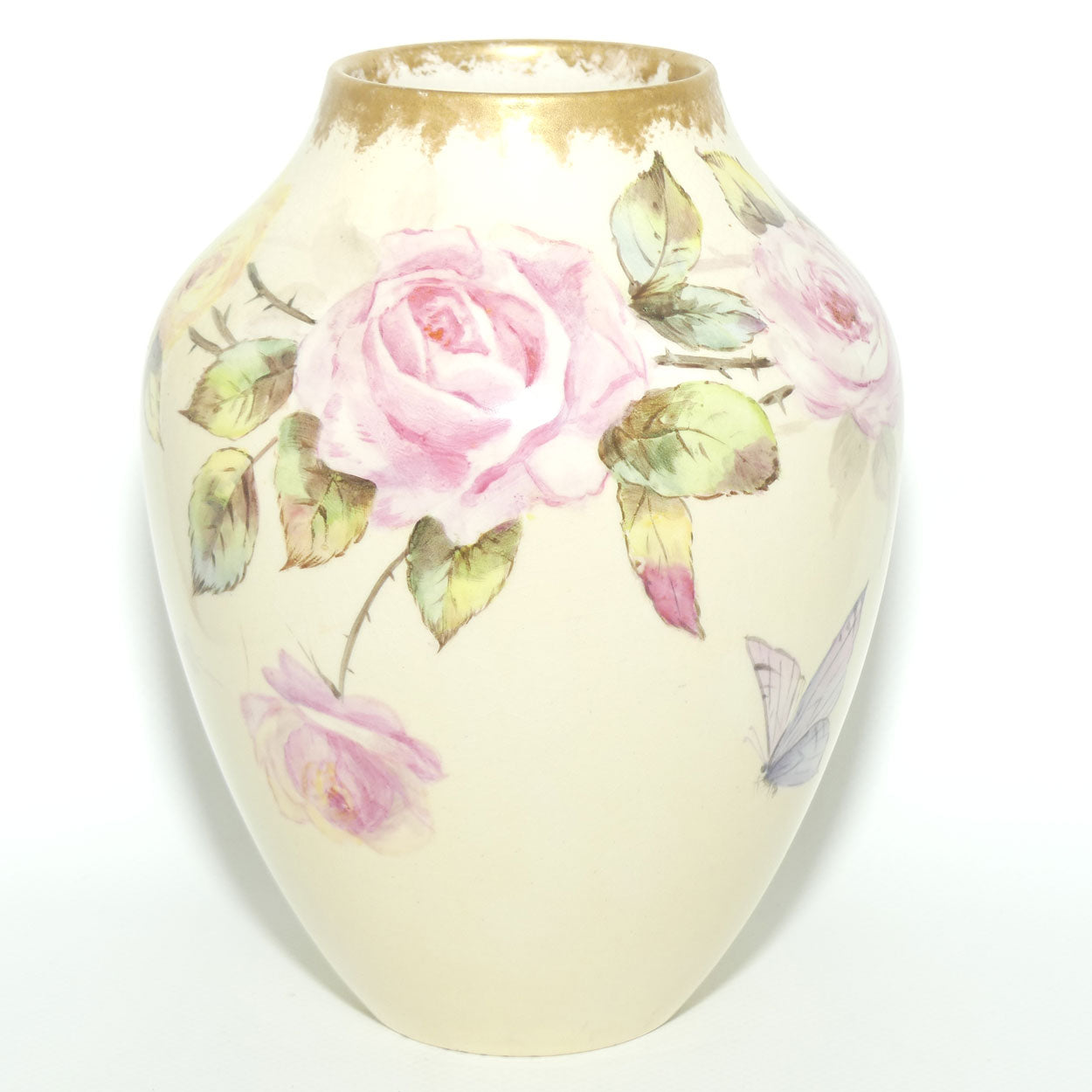Early Australian China Painted Yellow and Pink Roses and Butterfly vase | Ethel L Thomas 1906