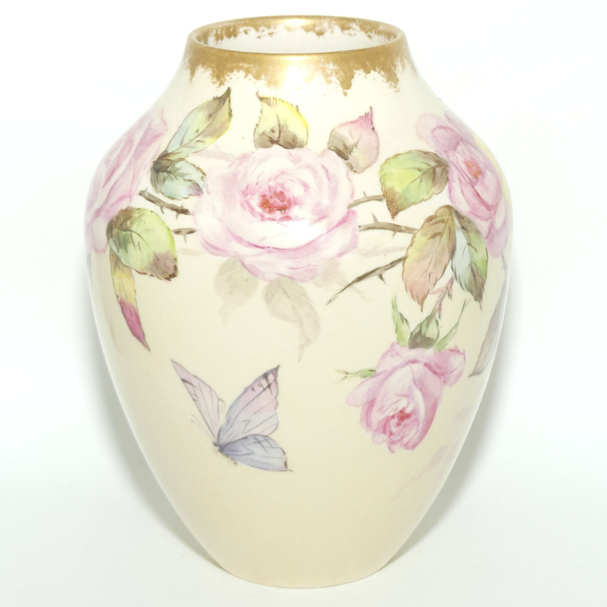 Early Australian China Painted Yellow and Pink Roses and Butterfly vase | Ethel L Thomas 1906