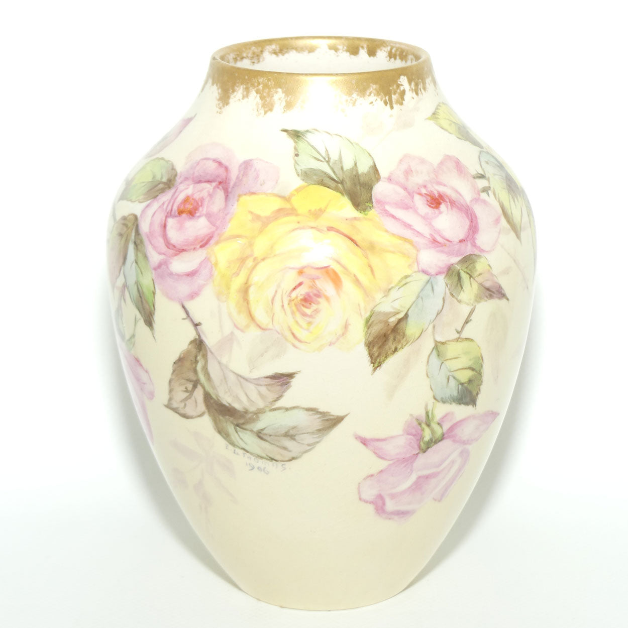 Early Australian China Painted Yellow and Pink Roses and Butterfly vase | Ethel L Thomas 1906