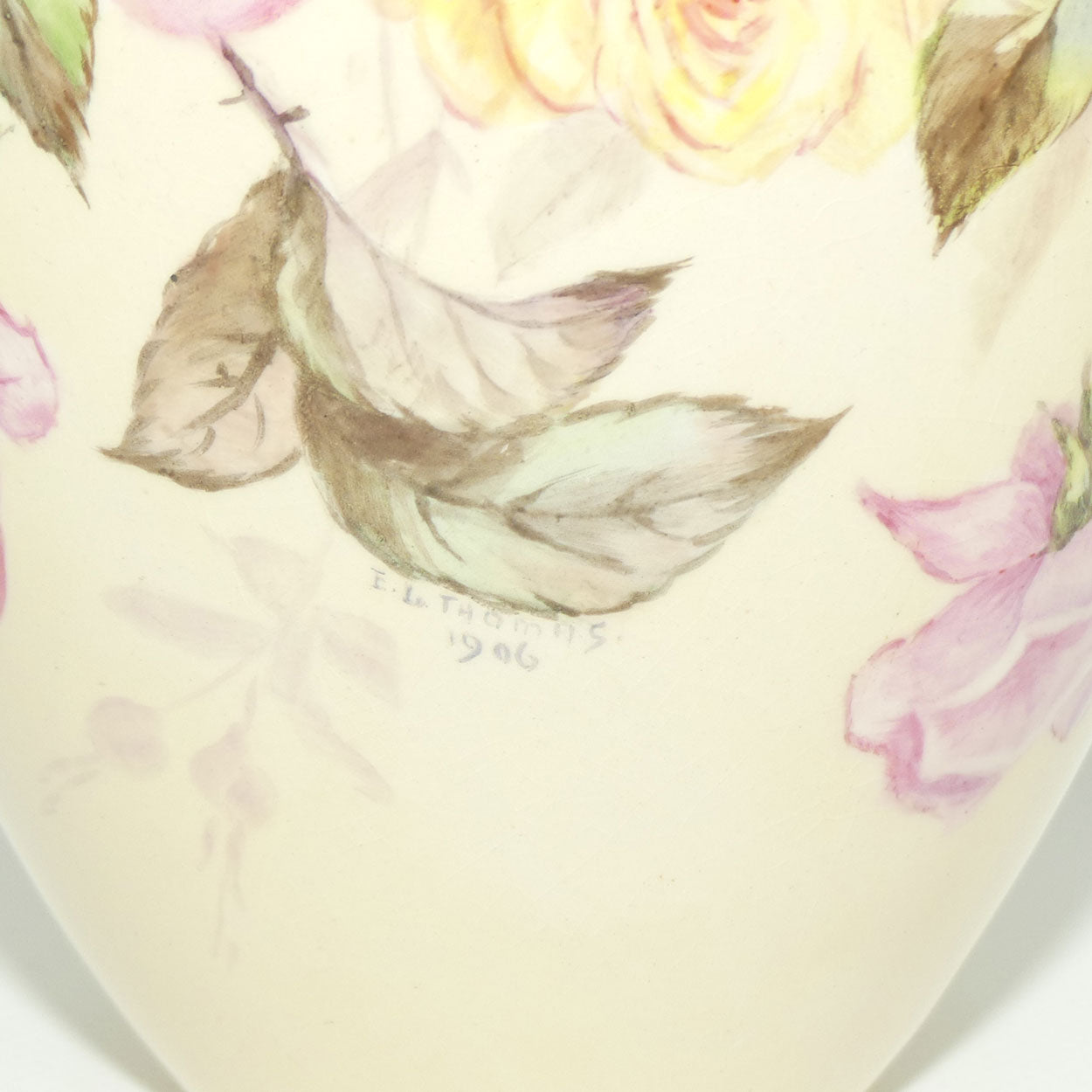 Early Australian China Painted Yellow and Pink Roses and Butterfly vase | Ethel L Thomas 1906