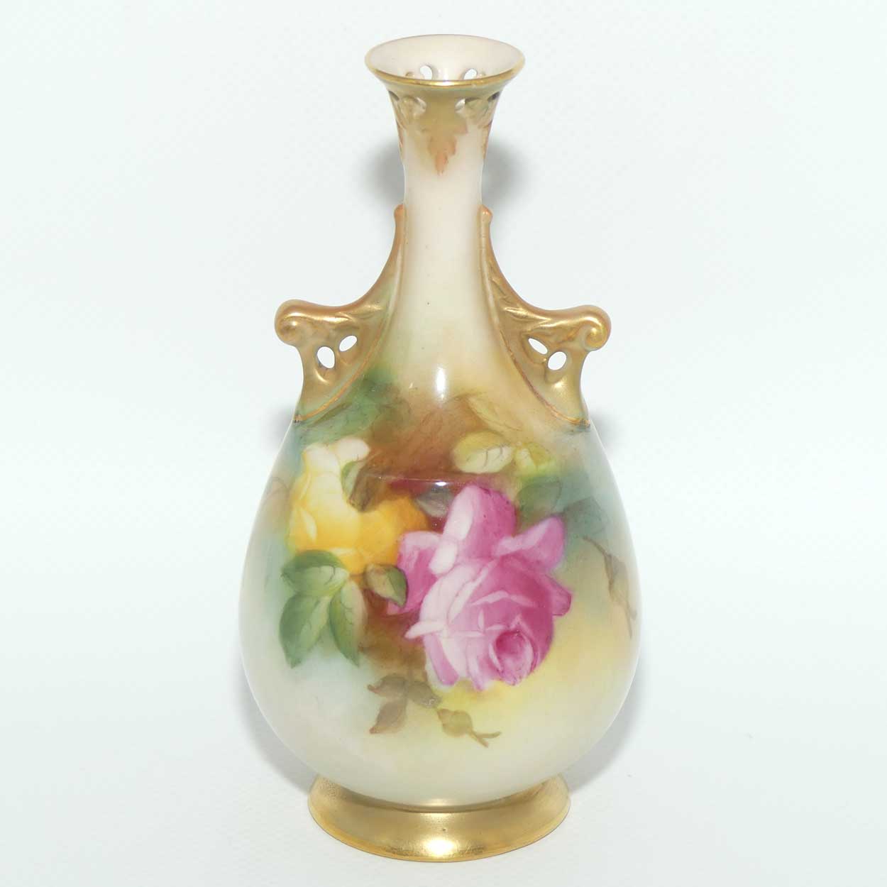 Royal Worcester hand painted Roses twin handle vase with pierced rim