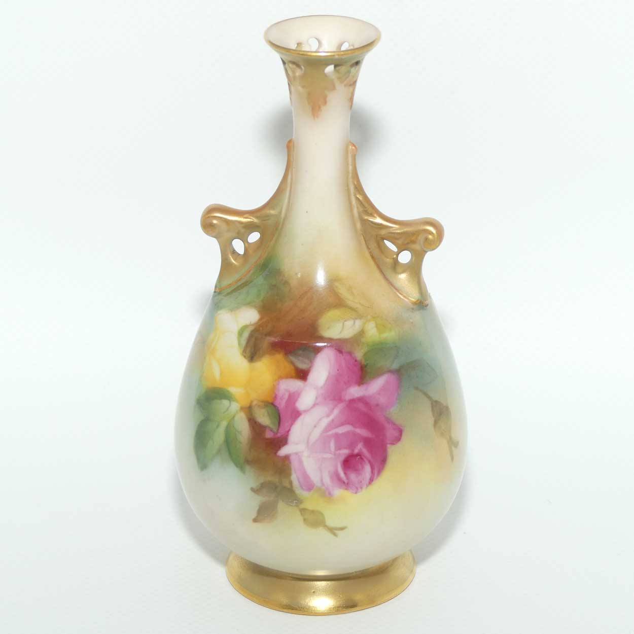 Royal Worcester hand painted Roses twin handle vase with pierced rim