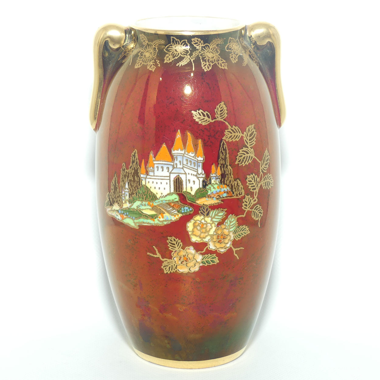 Crown Devon Fieldings Rouge Castle twin handle vase | 14.5cms
