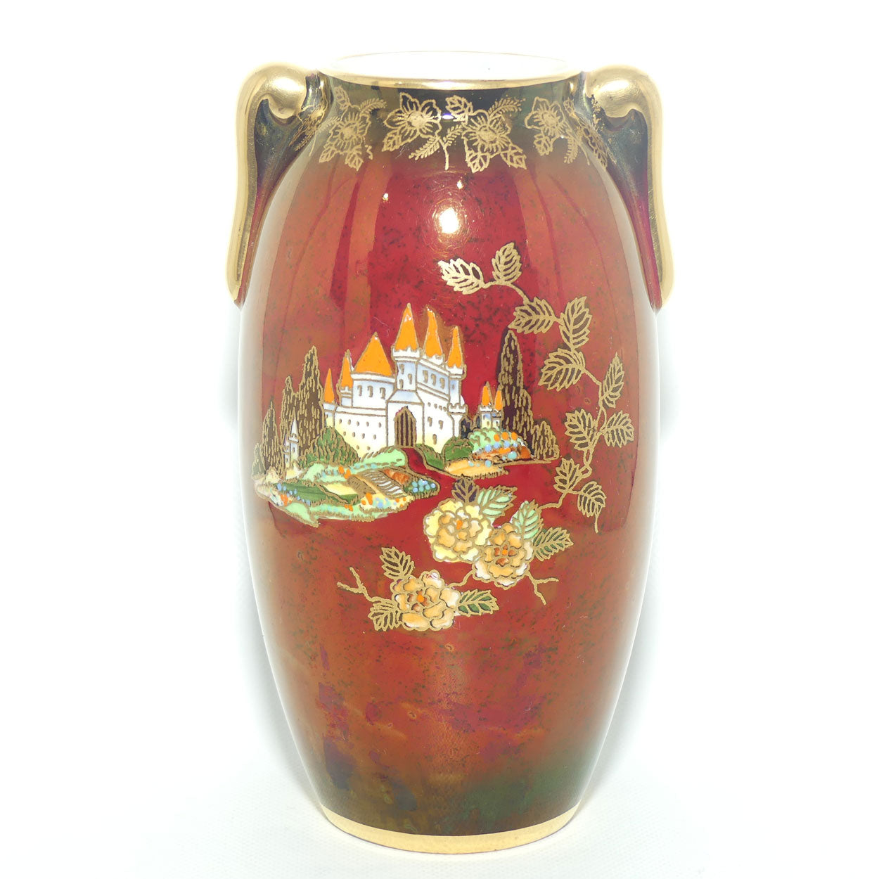 Crown Devon Fieldings Rouge Castle twin handle vase | 14.5cms