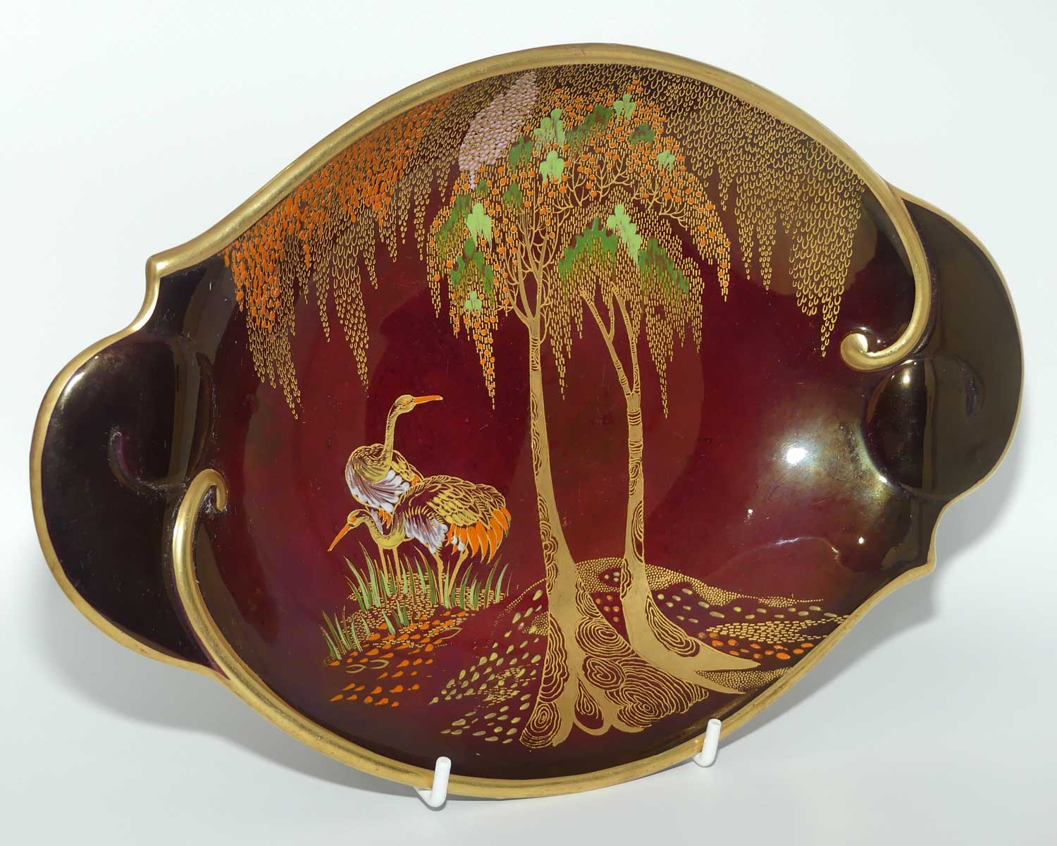 Carlton Ware Rouge Royale Cranes oval bowl with scrolling handles | 2 Birds | 29cm wide
