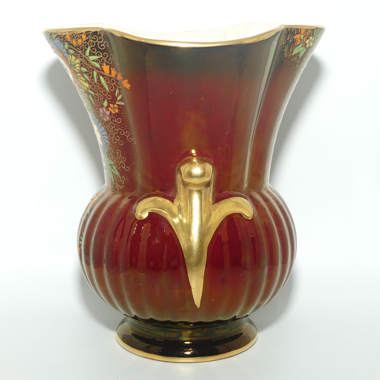 Crown Devon Fieldings Rouge Floral design twin handle vase with ribbed shape