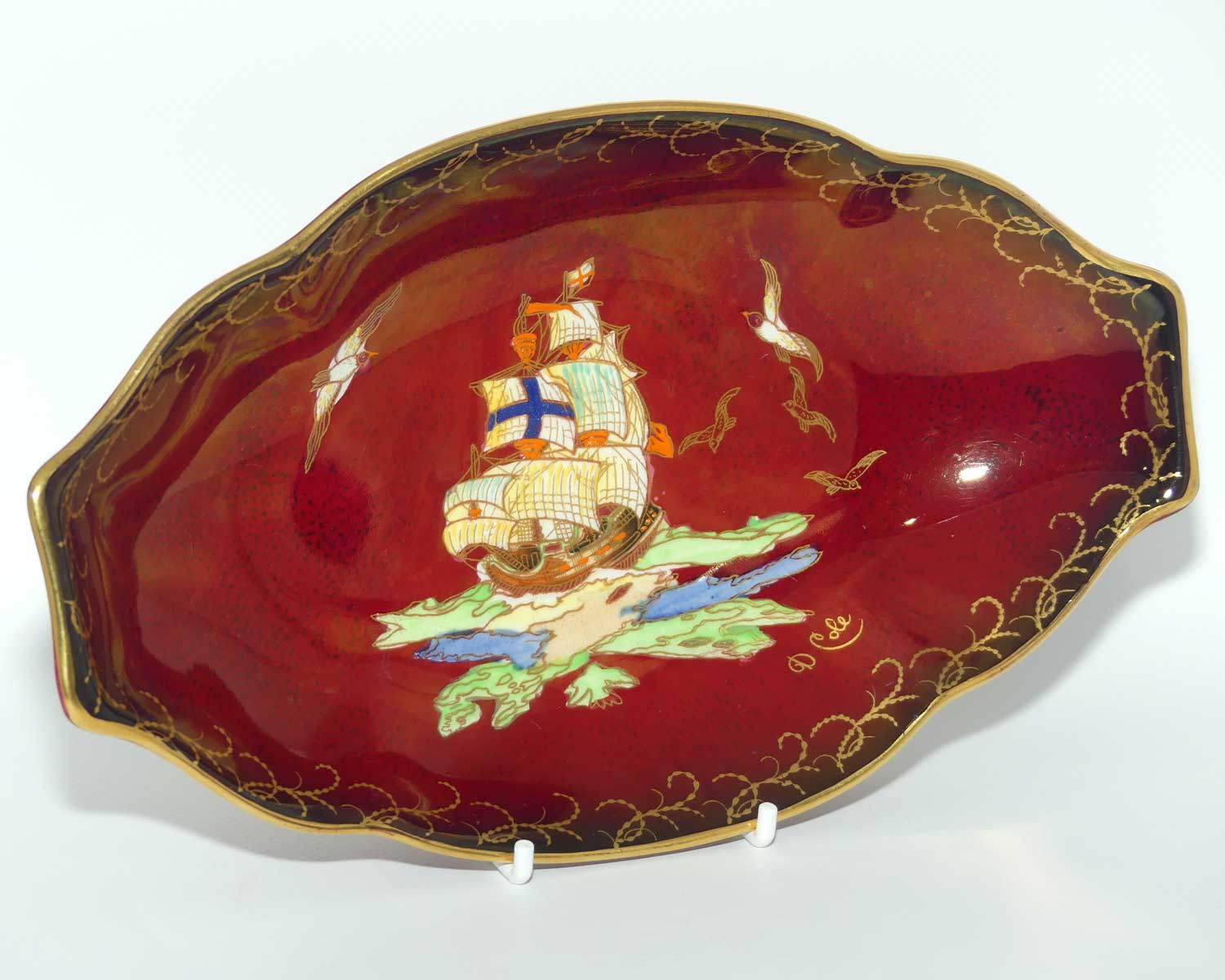 Crown Devon Fieldings Rouge Tall Ships design oval tray signed D Cole