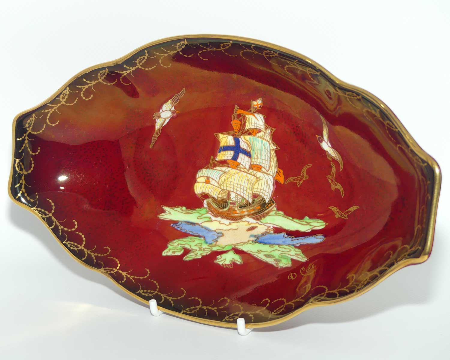 Crown Devon Fieldings Rouge Tall Ships design oval tray signed D Cole