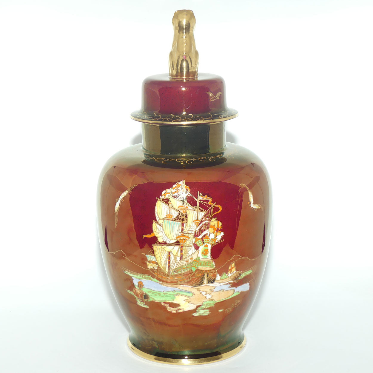 Crown Devon Fieldings Rouge Tall Ships design Temple Urn signed D Cole