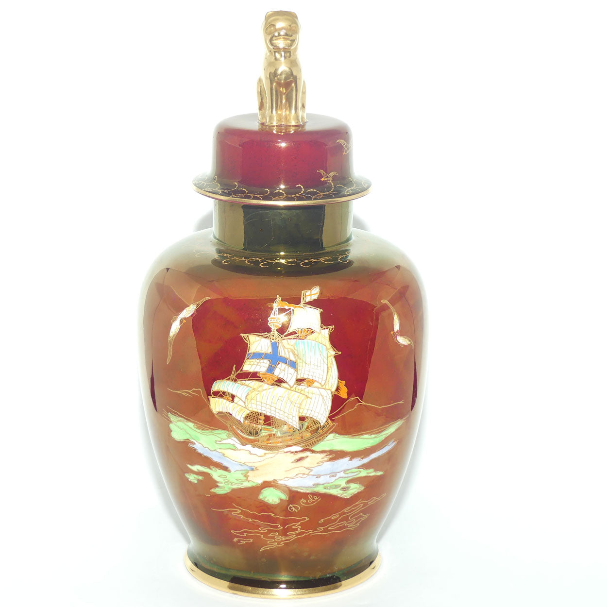 Crown Devon Fieldings Rouge Tall Ships design Temple Urn signed D Cole