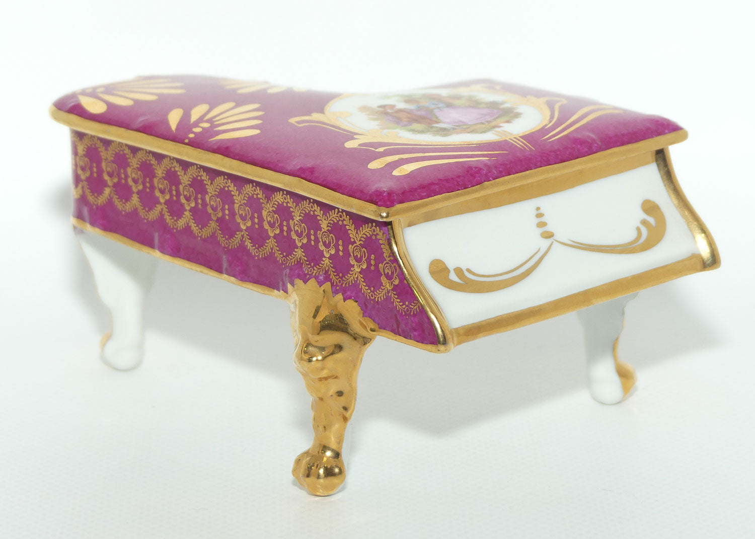 Limoges France Rouge and Gilt Grand Piano Trinket Box | Traditional Courting Scene