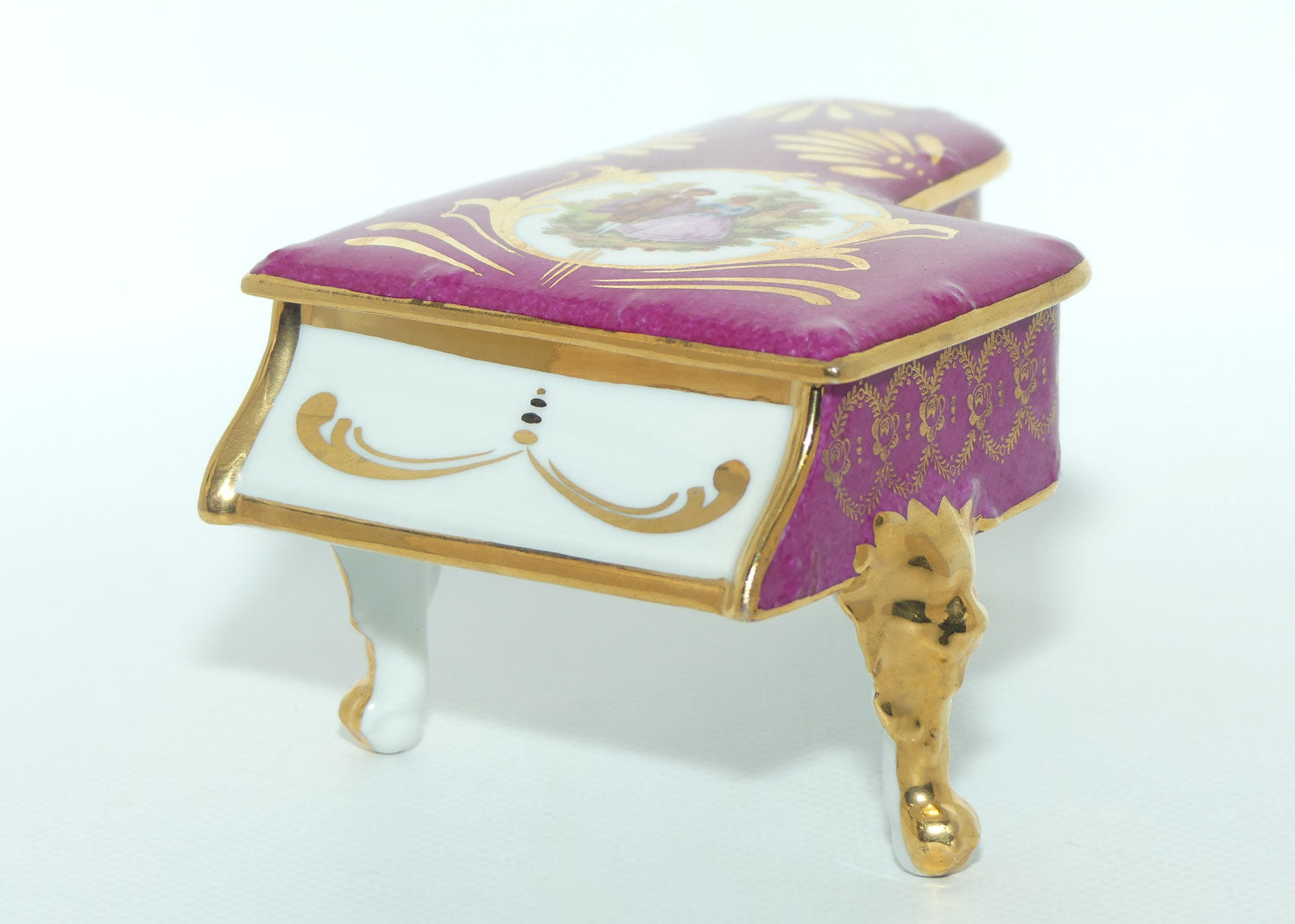 Limoges France Rouge and Gilt Grand Piano Trinket Box | Traditional Courting Scene