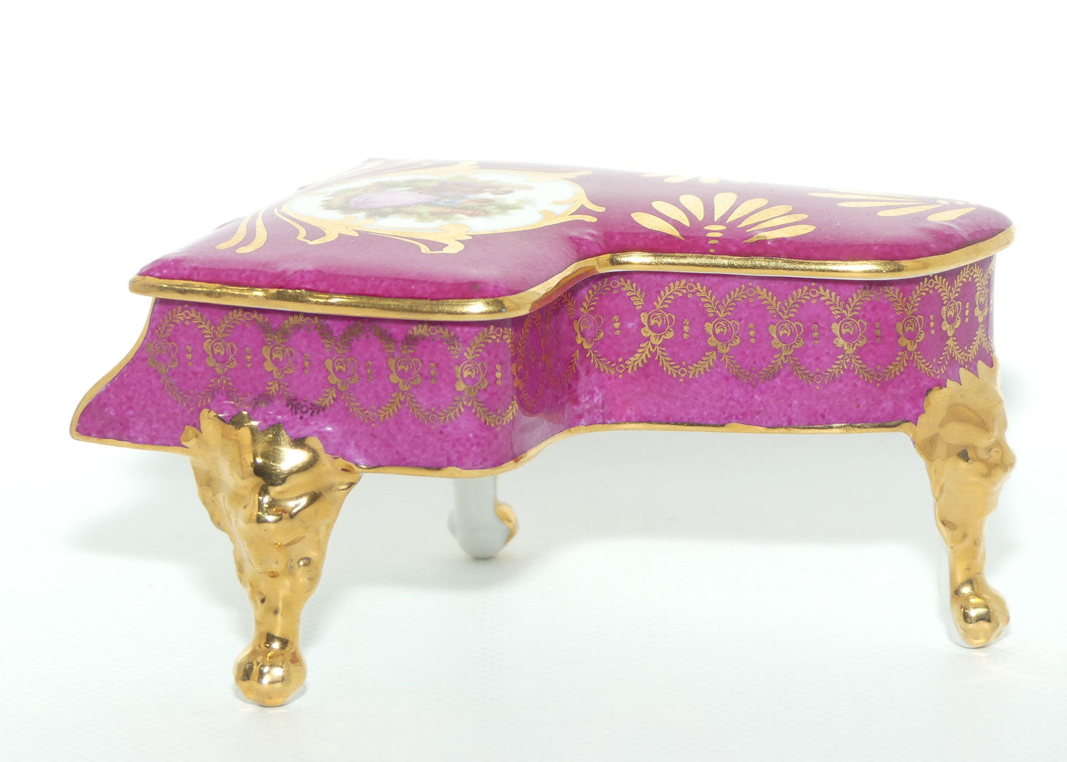 Limoges France Rouge and Gilt Grand Piano Trinket Box | Traditional Courting Scene