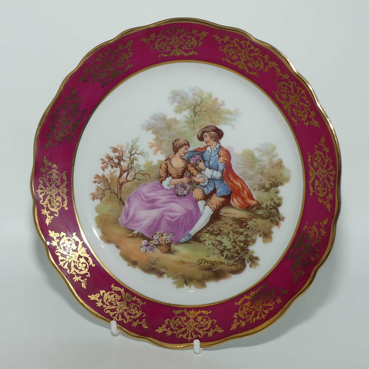 Limoges France Courting Couple plate | Rouge and Gilt Border | 19cm | signed Fragonard