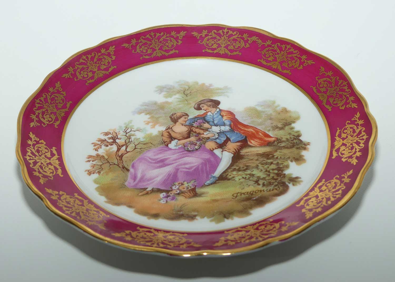 Limoges France Courting Couple plate | Rouge and Gilt Border | 19cm | signed Fragonard