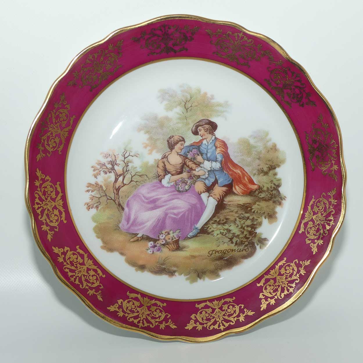 Limoges France Courting Couple plate | Rouge and Gilt Border | 19cm | signed Fragonard