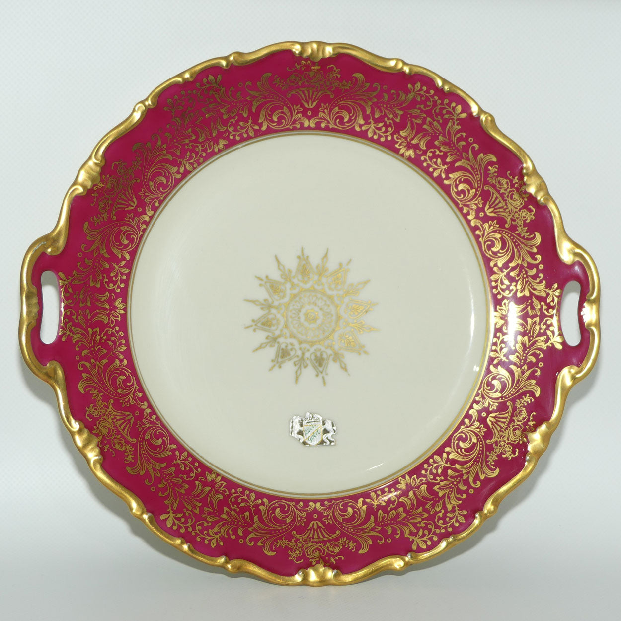 Alka Bavaria twin handle cake plate | Rouge Band with Heavy Gilt floral pattern