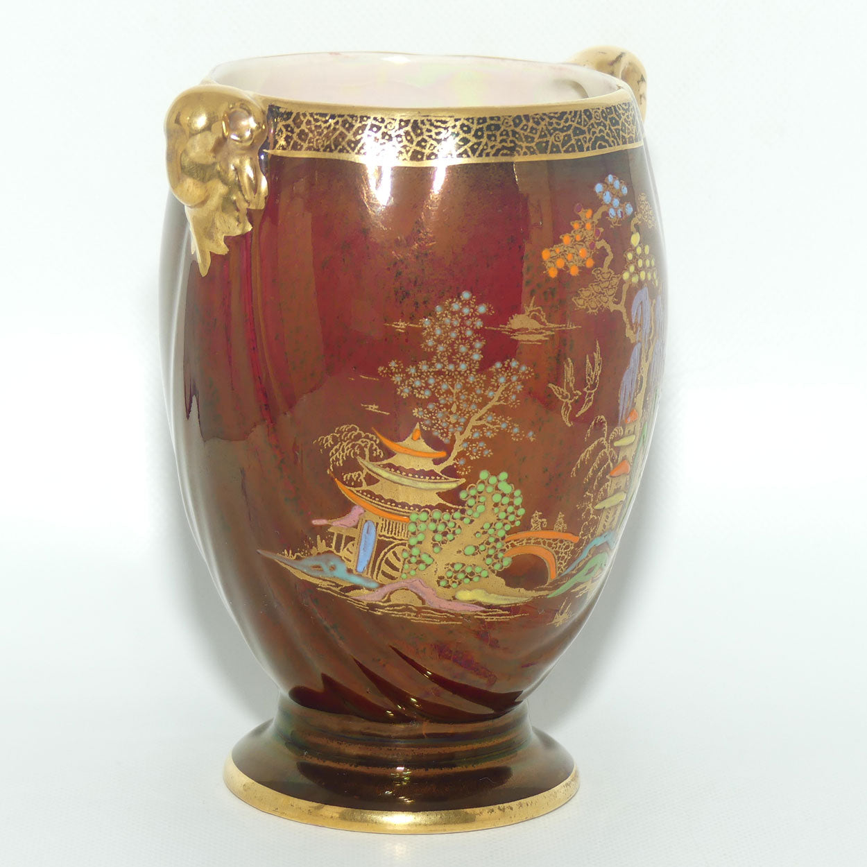 Crown Devon Fieldings Rouge Pagoda design twin handle vase | 12.5cms