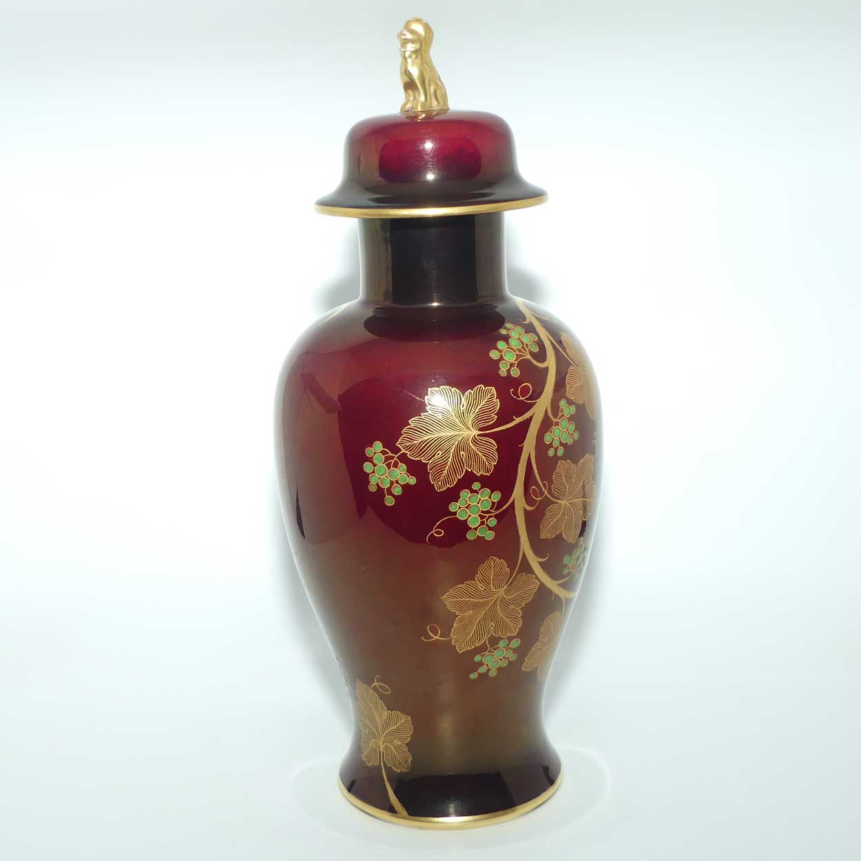 Carlton Ware temple jar with Fo Dog finial | Rouge Royale Grape and Vine pattern | 38cm tall