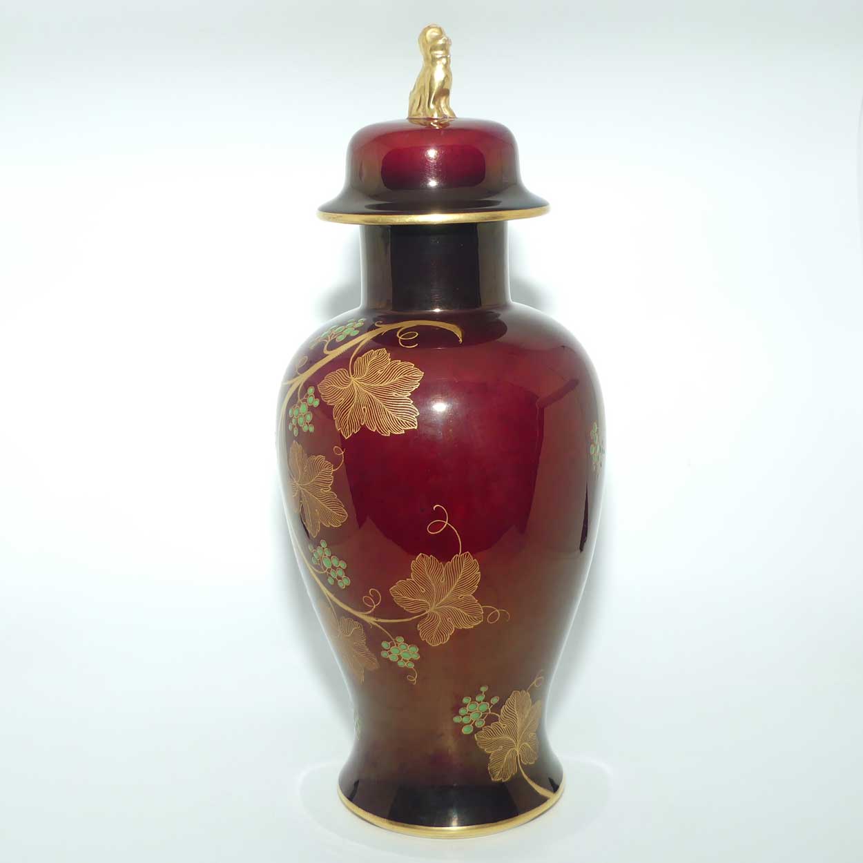 Carlton Ware temple jar with Fo Dog finial | Rouge Royale Grape and Vine pattern | 38cm tall