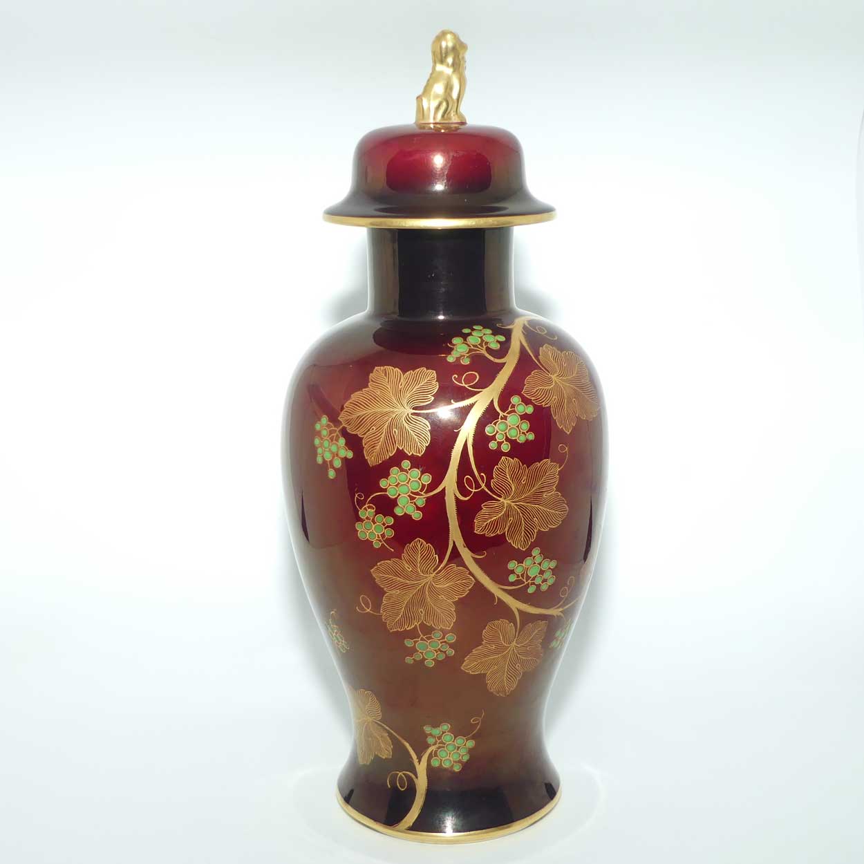 Carlton Ware temple jar with Fo Dog finial | Rouge Royale Grape and Vine pattern | 38cm tall