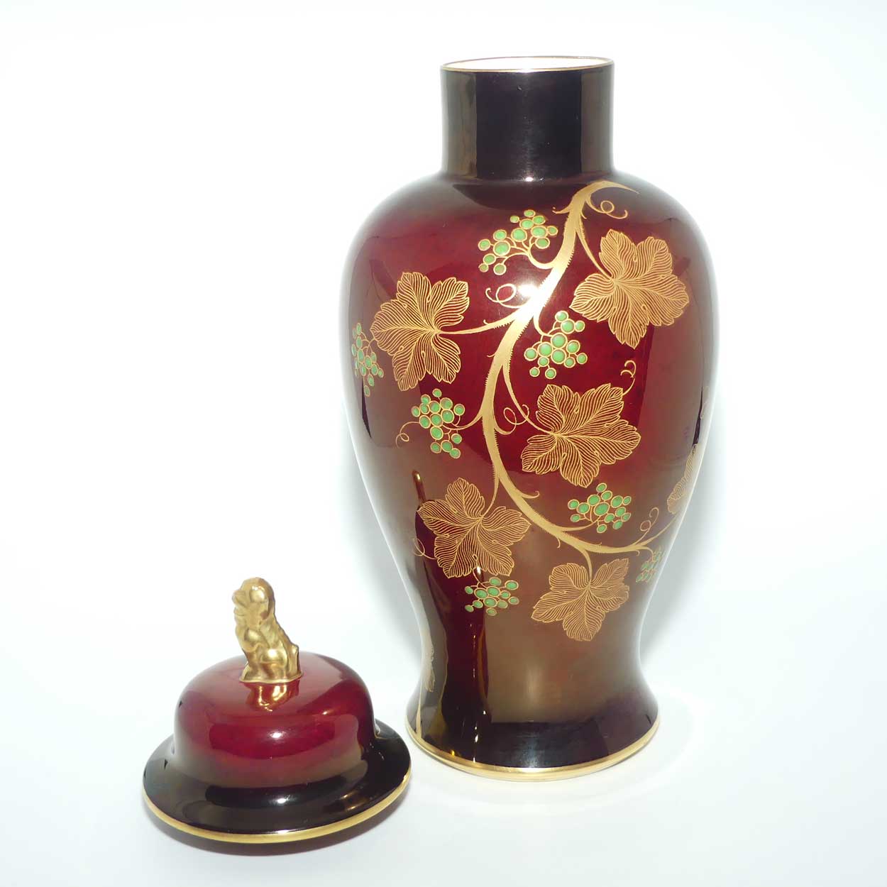 Carlton Ware temple jar with Fo Dog finial | Rouge Royale Grape and Vine pattern | 38cm tall
