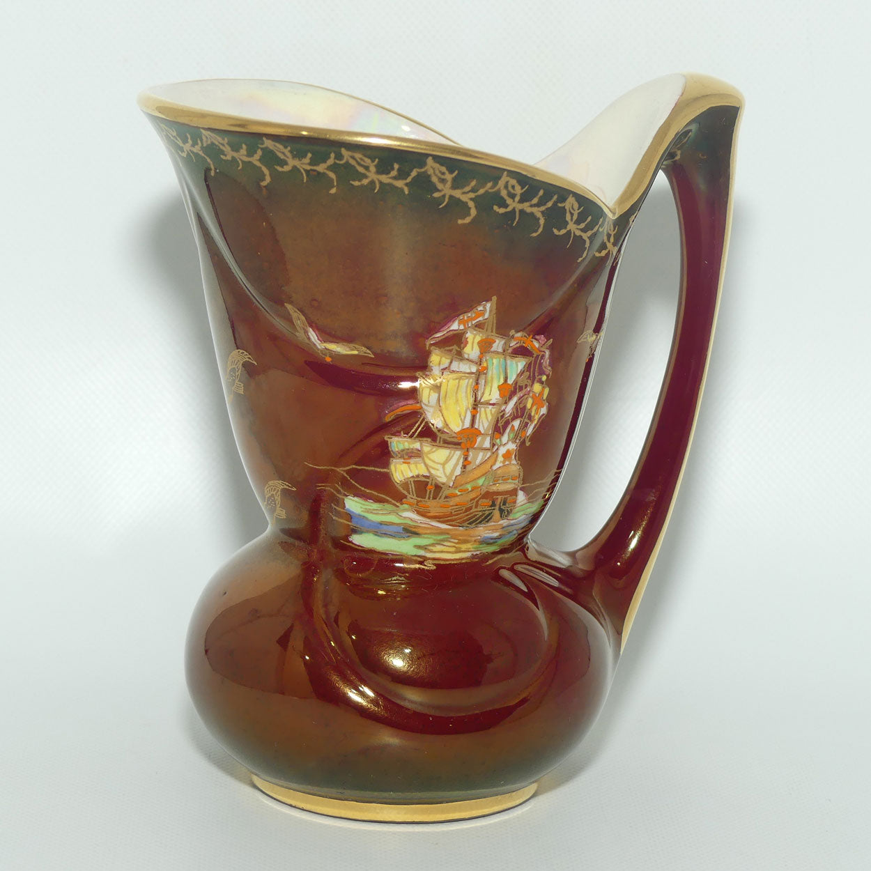 Crown Devon Fieldings Rouge Tall Ships design jug | signed D Cole | 12.5cms