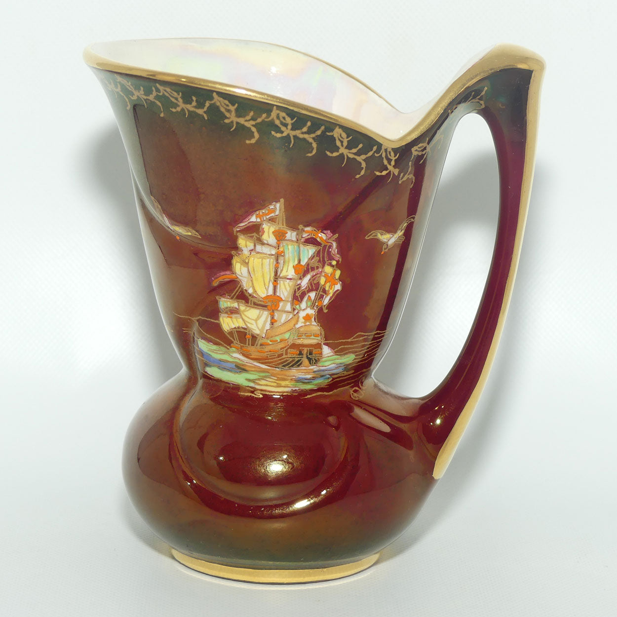 Crown Devon Fieldings Rouge Tall Ships design jug | signed D Cole | 12.5cms