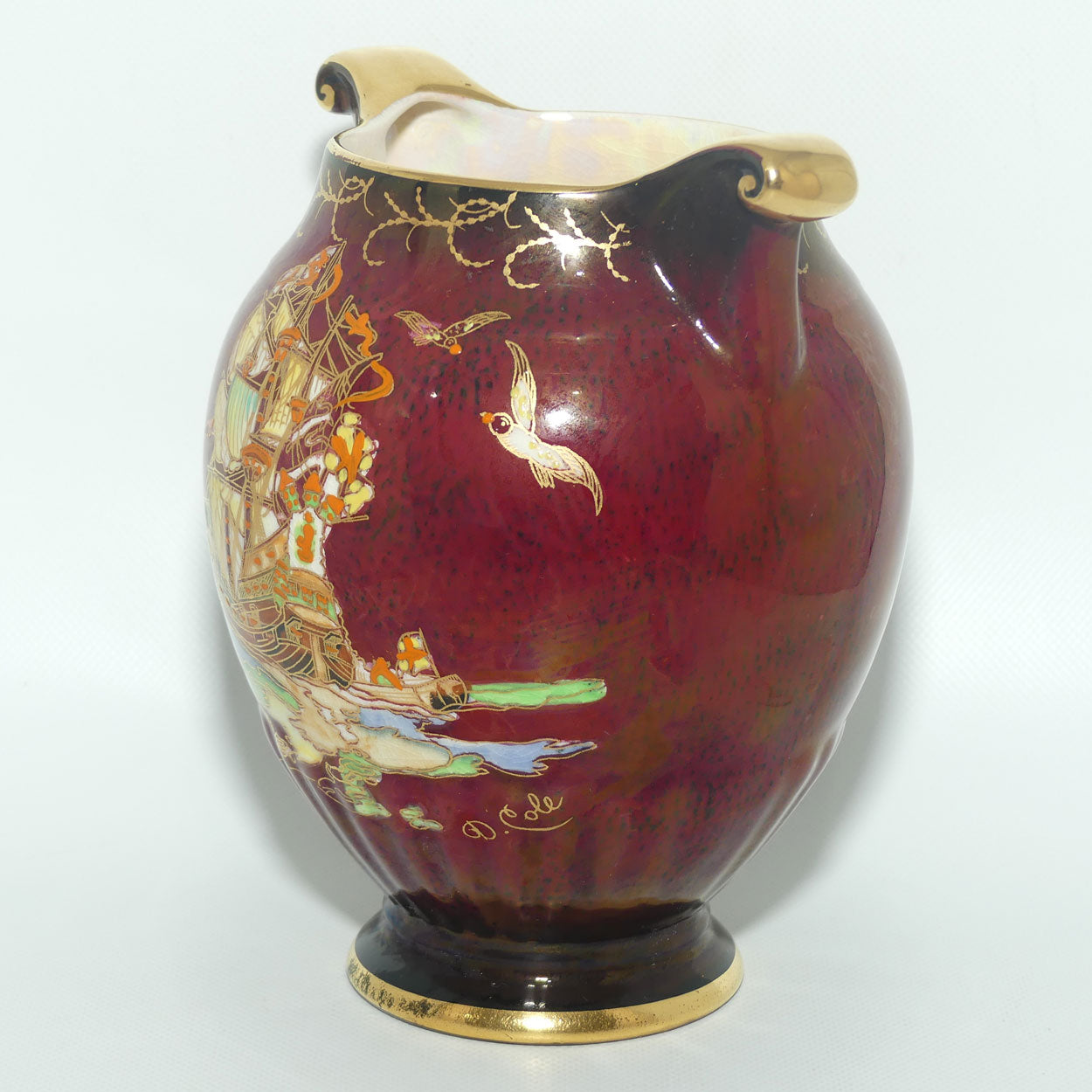 Crown Devon Fieldings Rouge Tall Ships design twin handle vase | signed D Cole