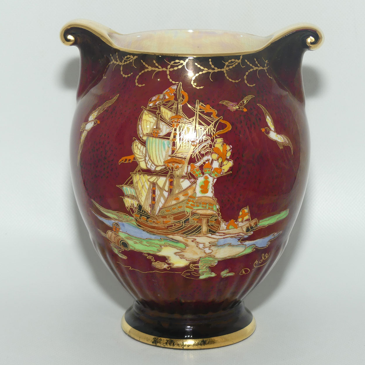 Crown Devon Fieldings Rouge Tall Ships design twin handle vase | signed D Cole
