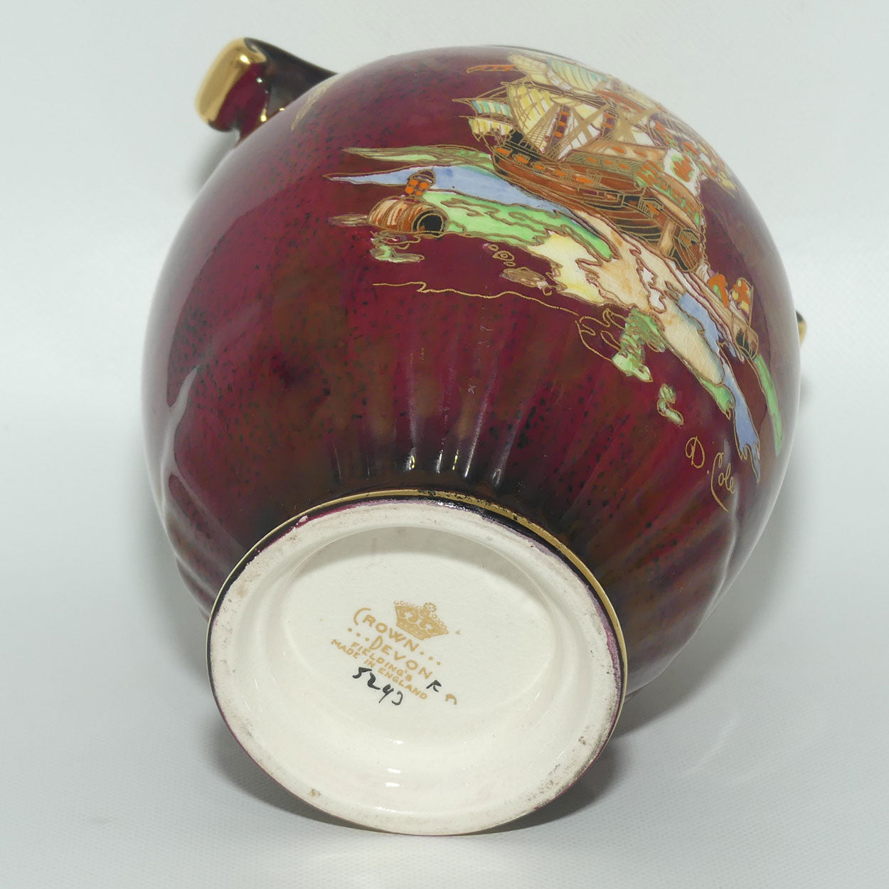 Crown Devon Fieldings Rouge Tall Ships design twin handle vase | signed D Cole