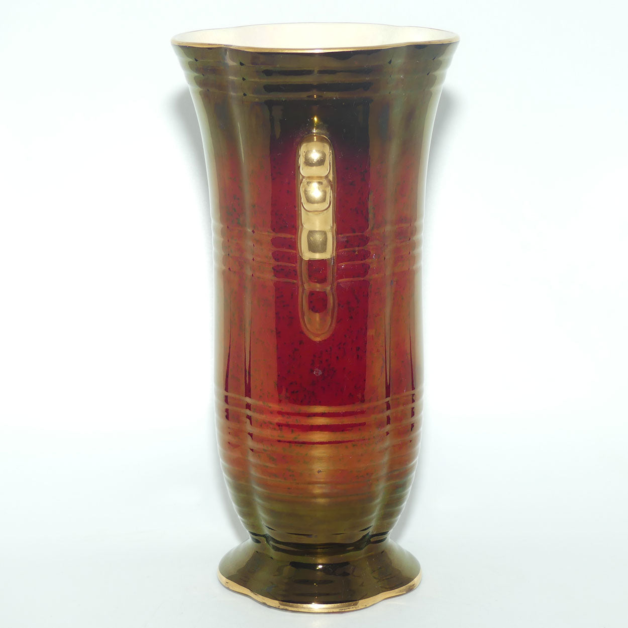 Crown Devon Fieldings Rouge footed vase with offset gilt handles | 27.5cms