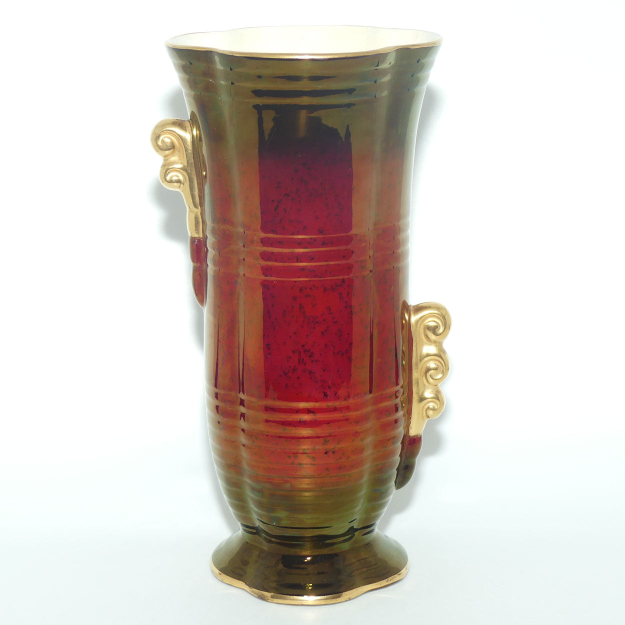 Crown Devon Fieldings Rouge footed vase with offset gilt handles | 27.5cms