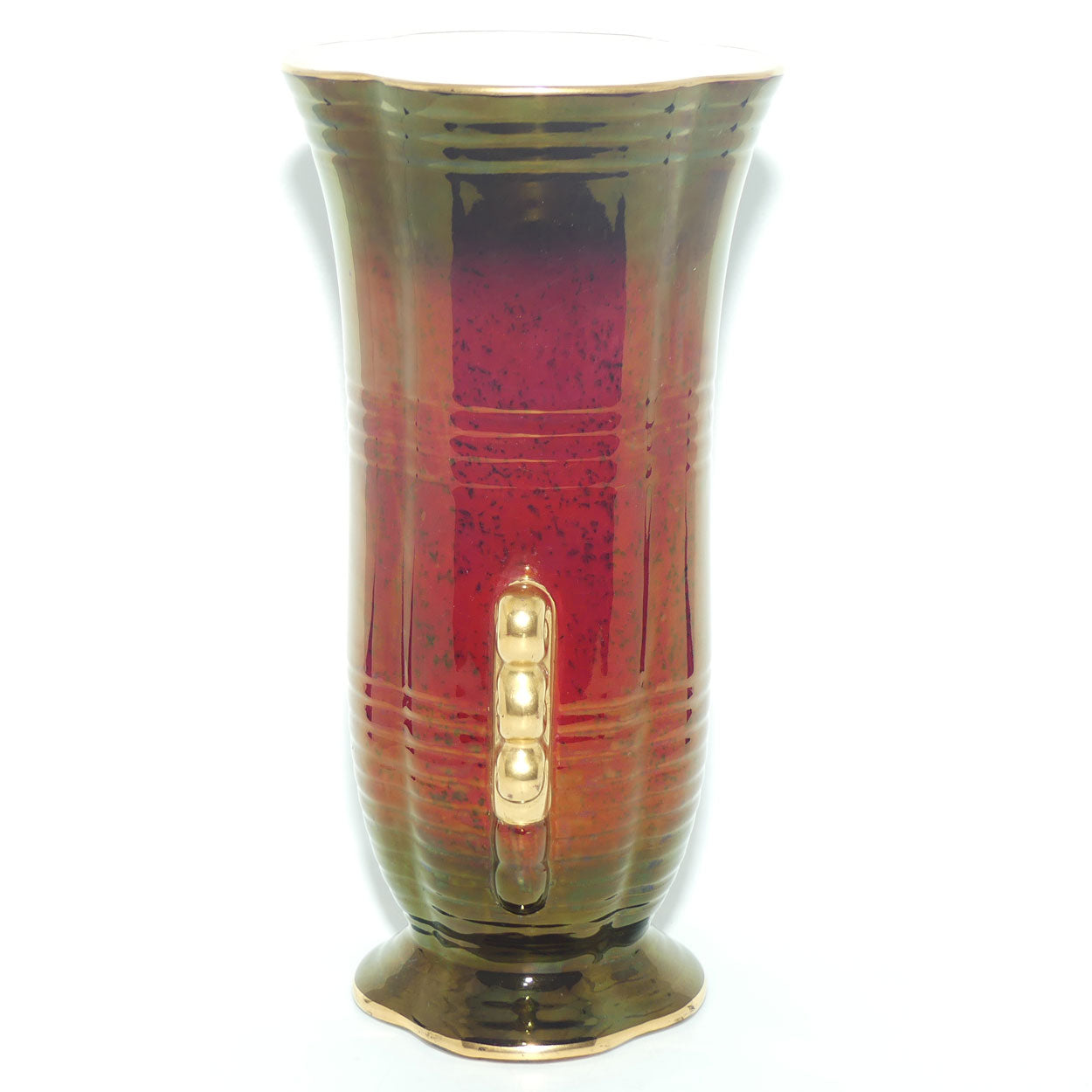 Crown Devon Fieldings Rouge footed vase with offset gilt handles | 27.5cms