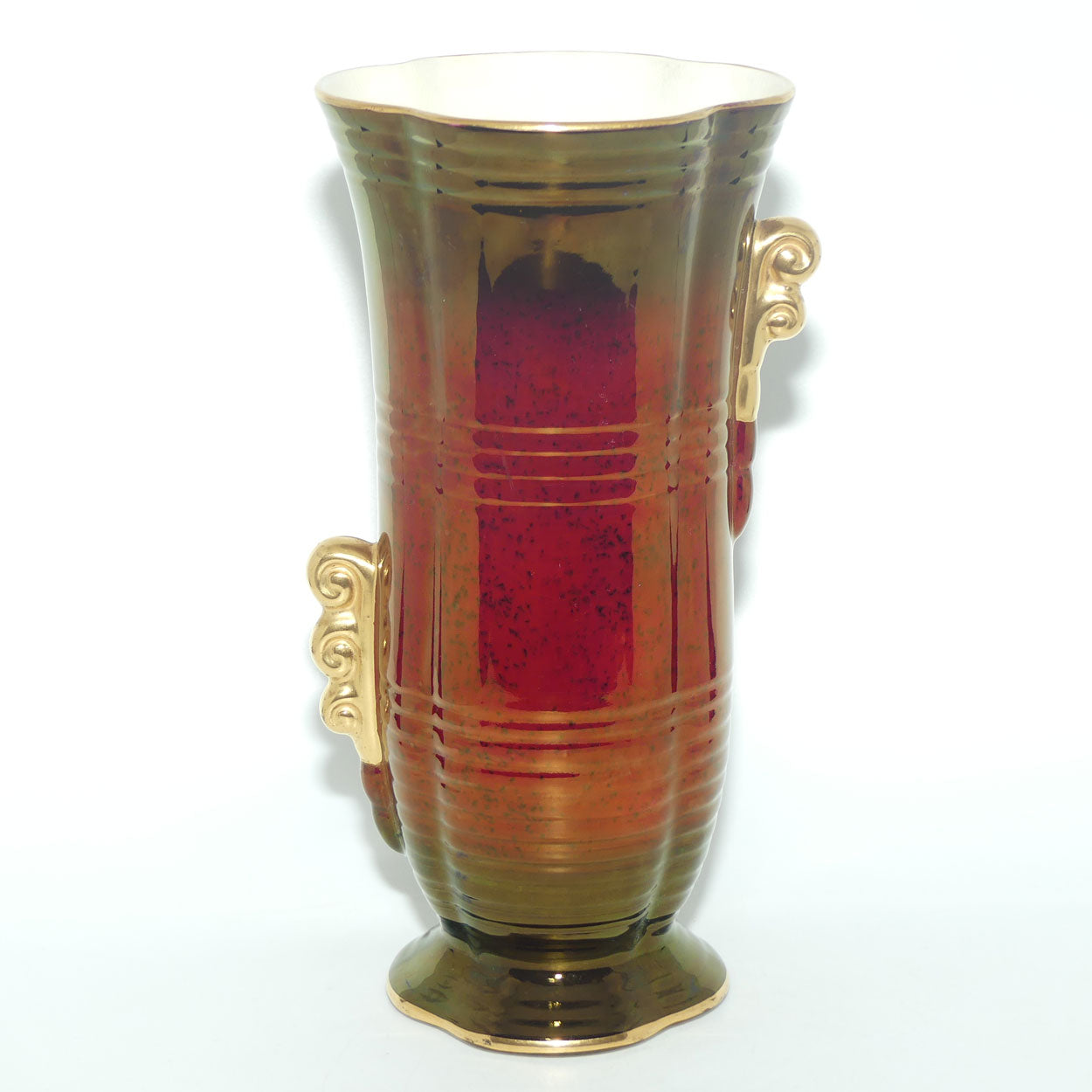 Crown Devon Fieldings Rouge footed vase with offset gilt handles | 27.5cms