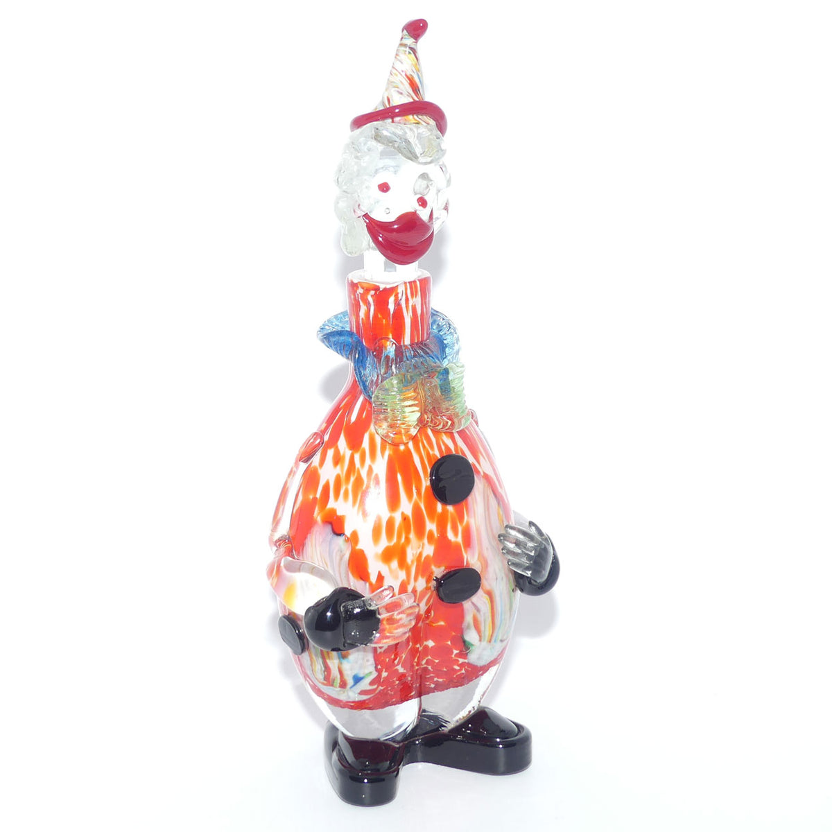 Murano Glass Decanter of a Clown with Googly Eyes and Blue and Yellow Bow Tie