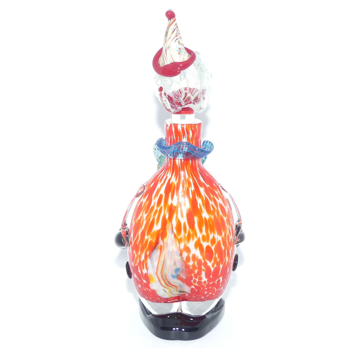 Murano Glass Decanter of a Clown with Googly Eyes and Blue and Yellow Bow Tie