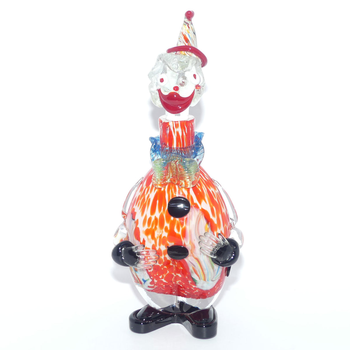 Murano Glass Decanter of a Clown with Googly Eyes and Blue and Yellow Bow Tie