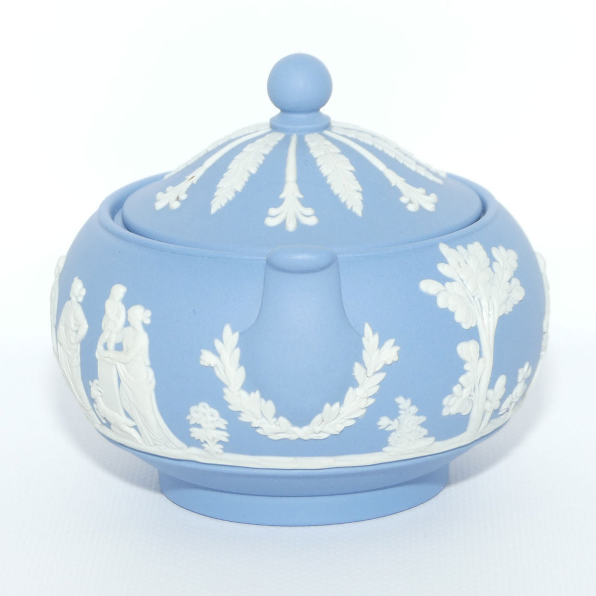 Wedgwood Jasper | White on Pale Blue round lidded pot with handles