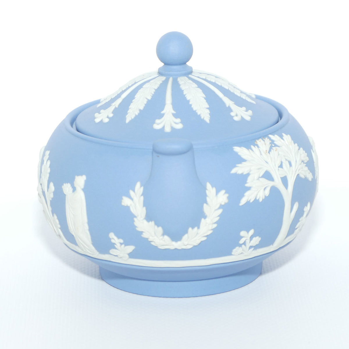 Wedgwood Jasper | White on Pale Blue round lidded pot with handles
