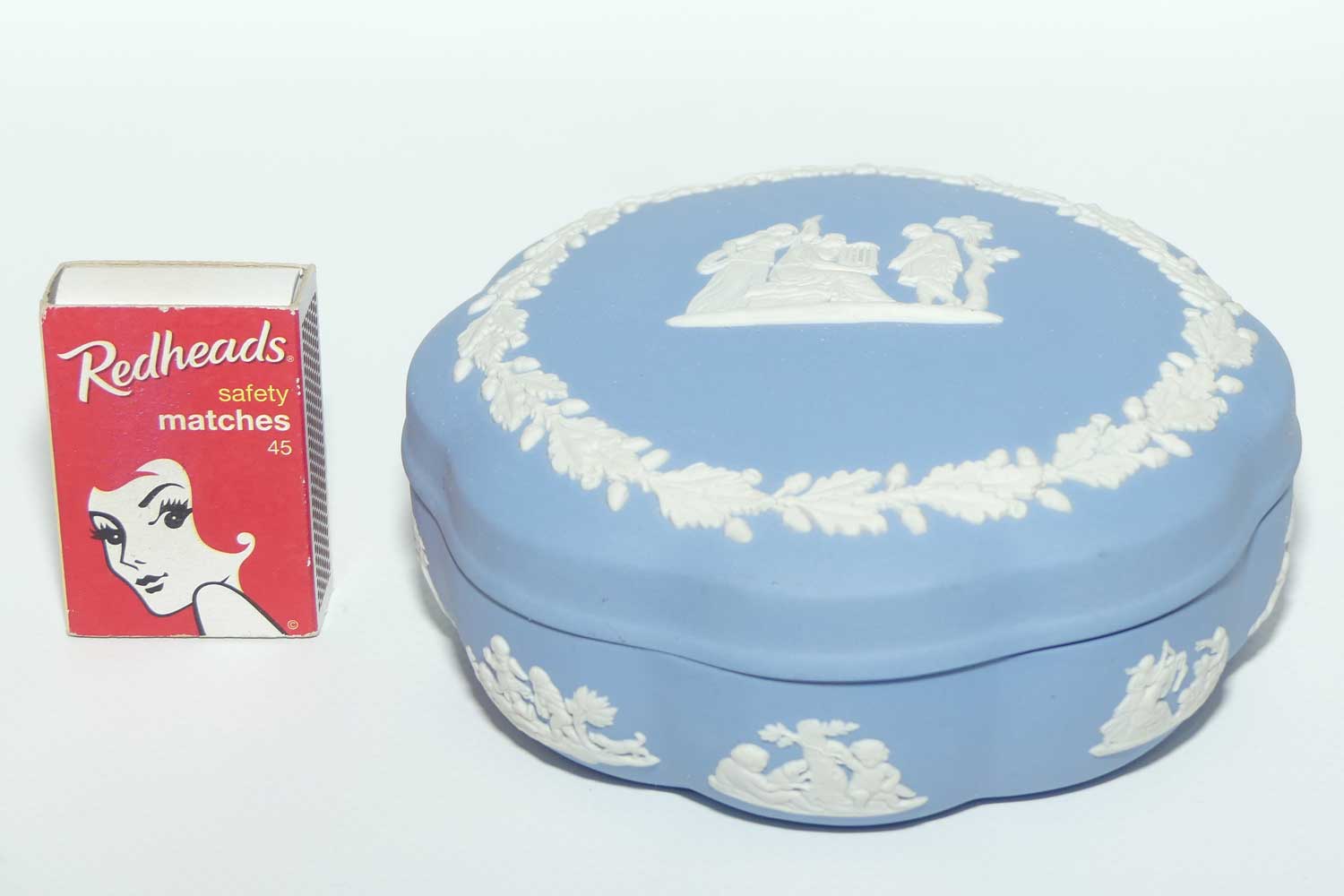 Wedgwood Jasper | White on Pale Blue | Well decorated large round box | Grecian scene | Acorn border