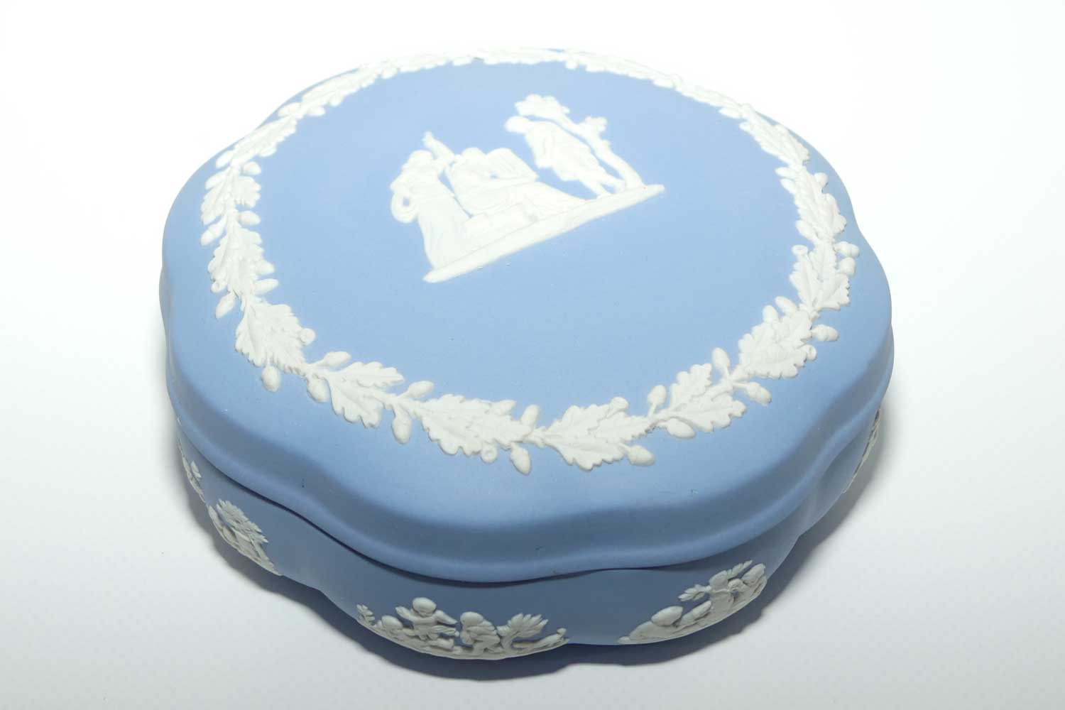 Wedgwood Jasper | White on Pale Blue | Well decorated large round box | Grecian scene | Acorn border