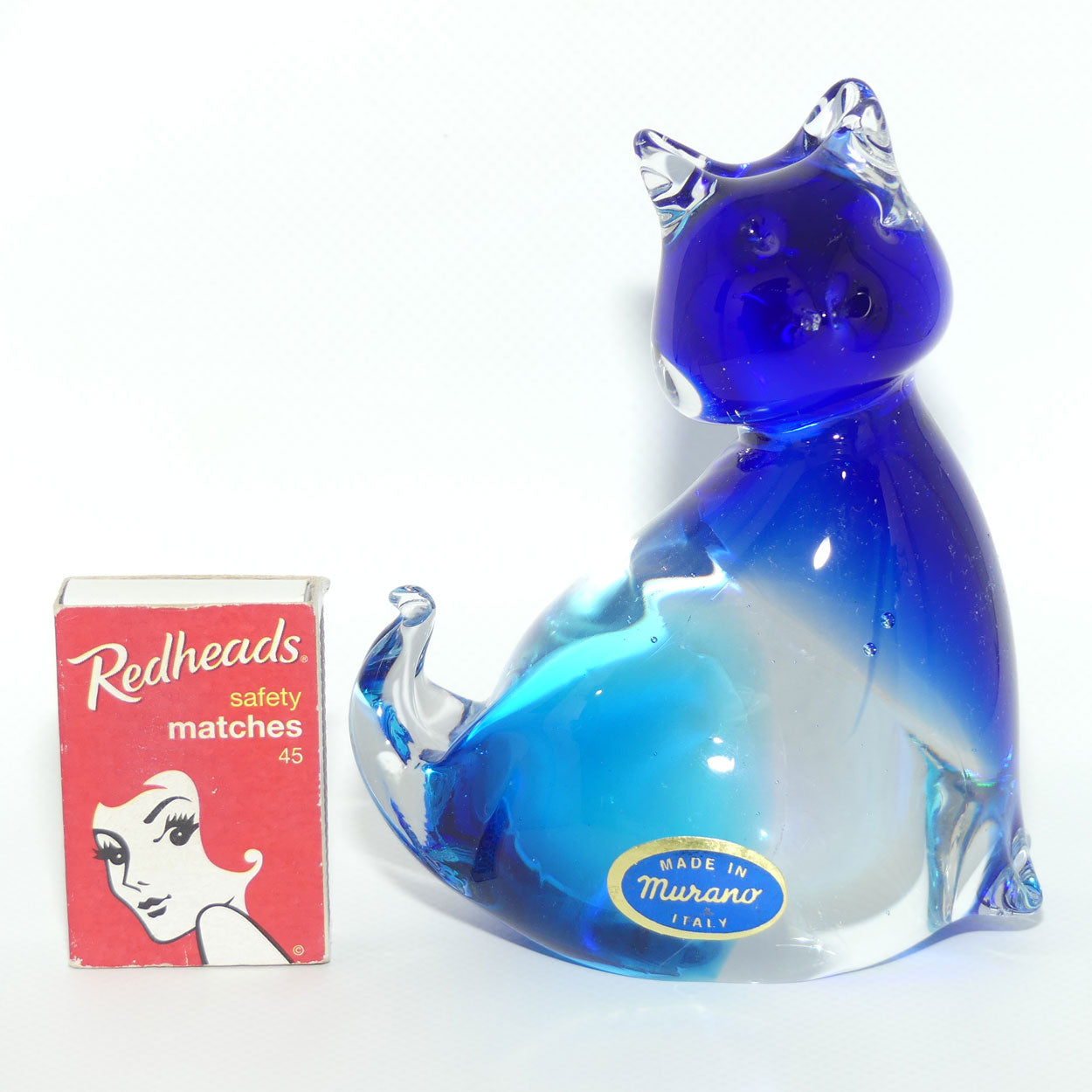 Murano Glass Two tone Blue and Clear Cat figure | Foil label intact