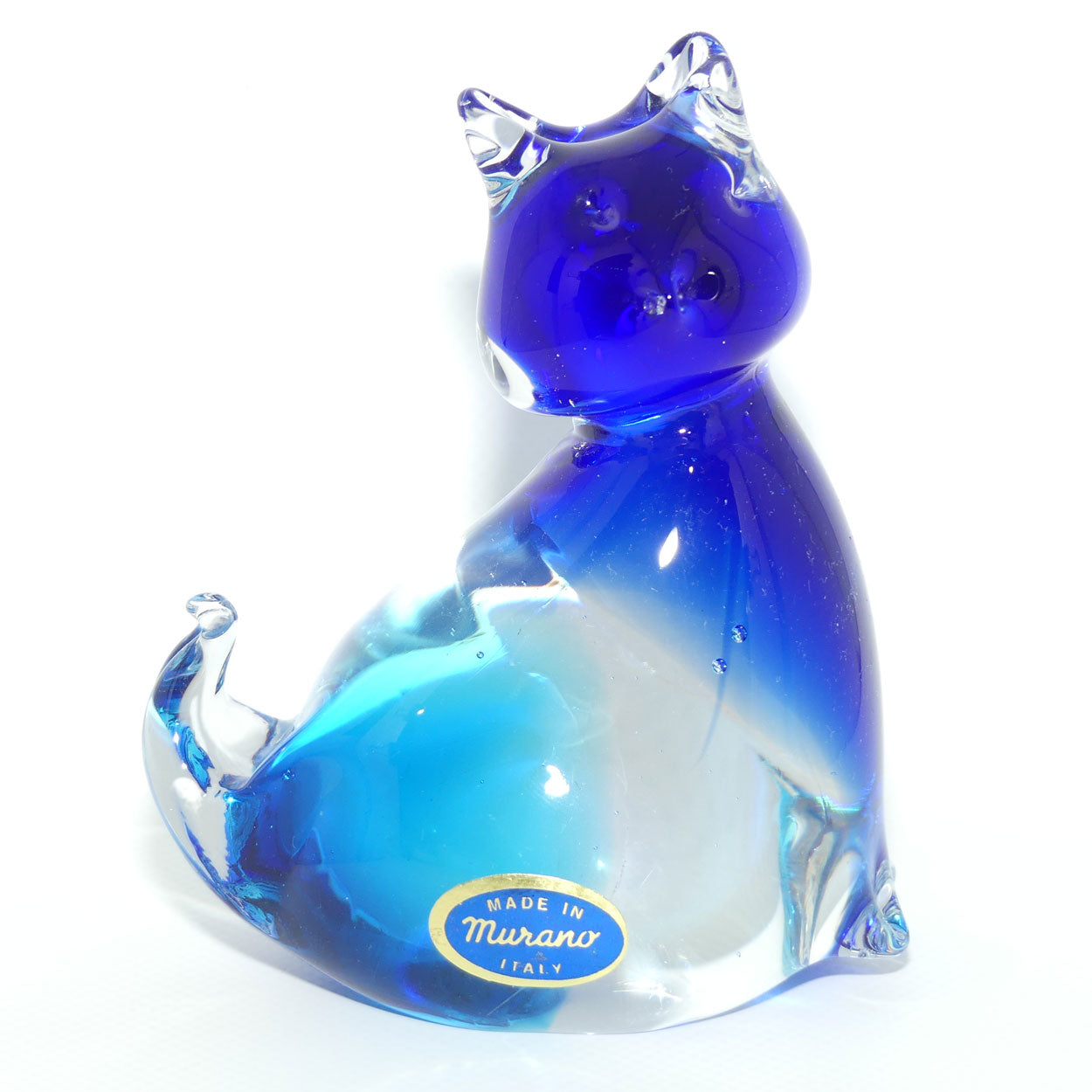 Murano Glass Two tone Blue and Clear Cat figure | Foil label intact