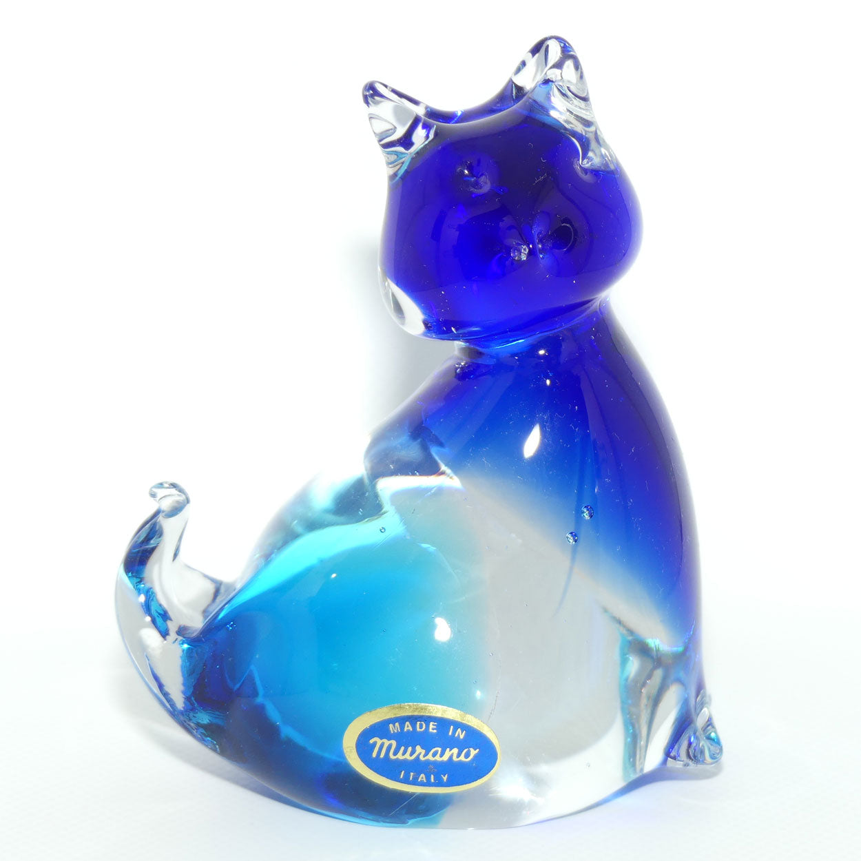 Murano Glass Two tone Blue and Clear Cat figure | Foil label intact