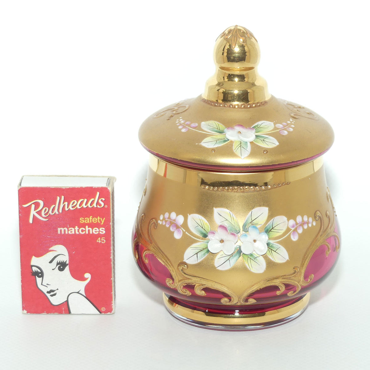 Vintage Bohemian Glass small lidded trinket | High Gilt and Floral Decor on Cranberry