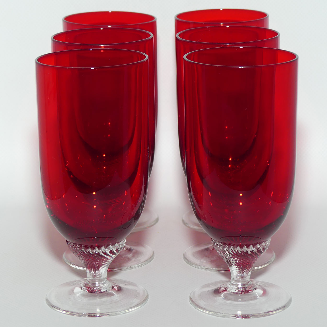 Ruby Glass set of 6 short stem Champagne Flutes | Superb fine twist stems