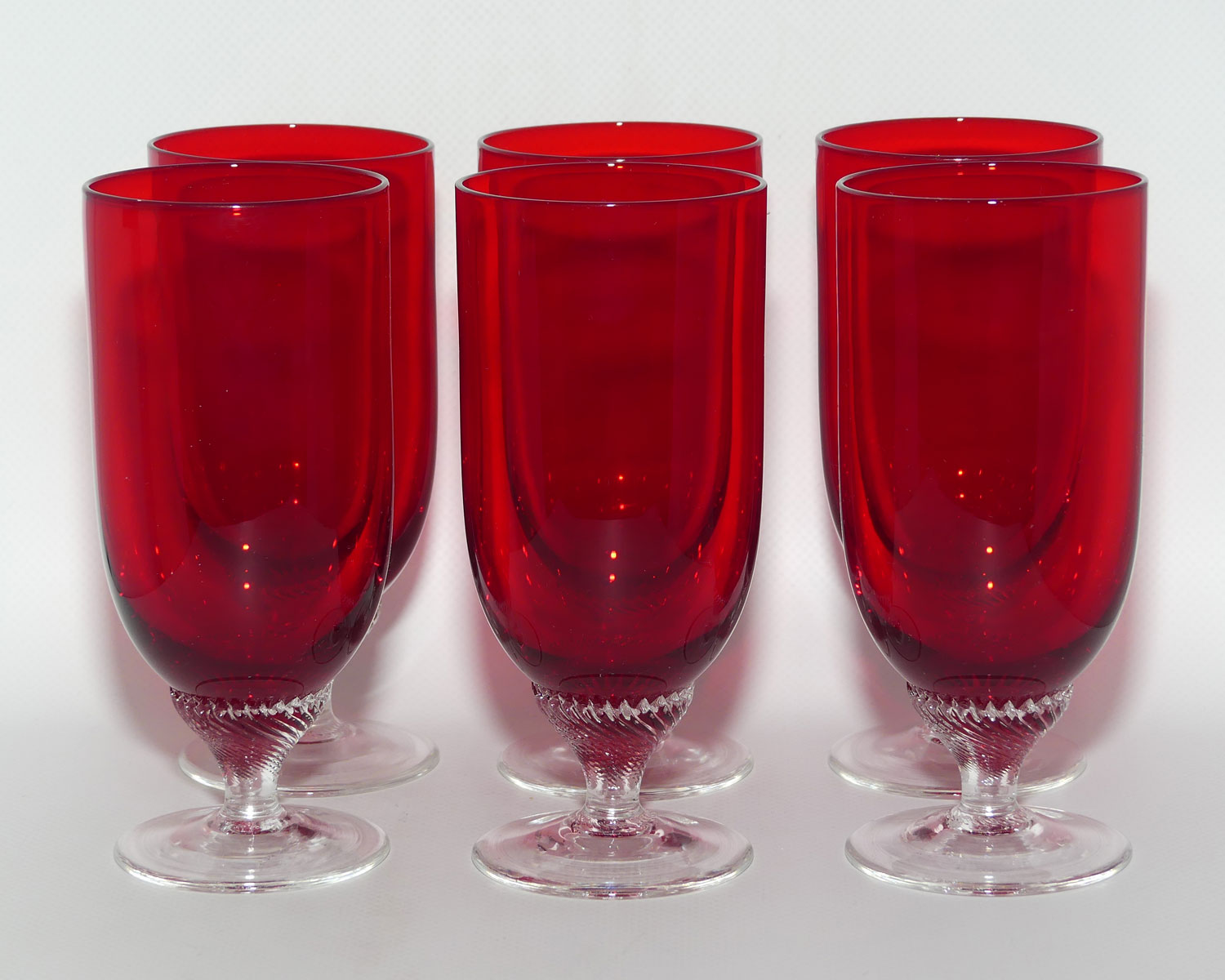 Ruby Glass set of 6 short stem Champagne Flutes | Superb fine twist stems